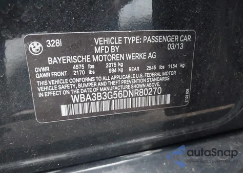 2013 BMW 328I xDrive from USA, damaged, VIN WBA3B3G56DNR80270
